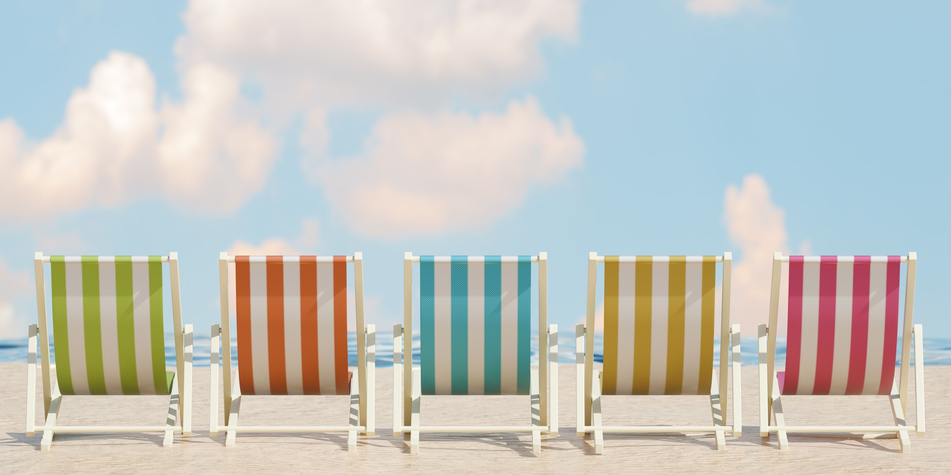 Colorful beach chairs on a sunny day. 3d rendering